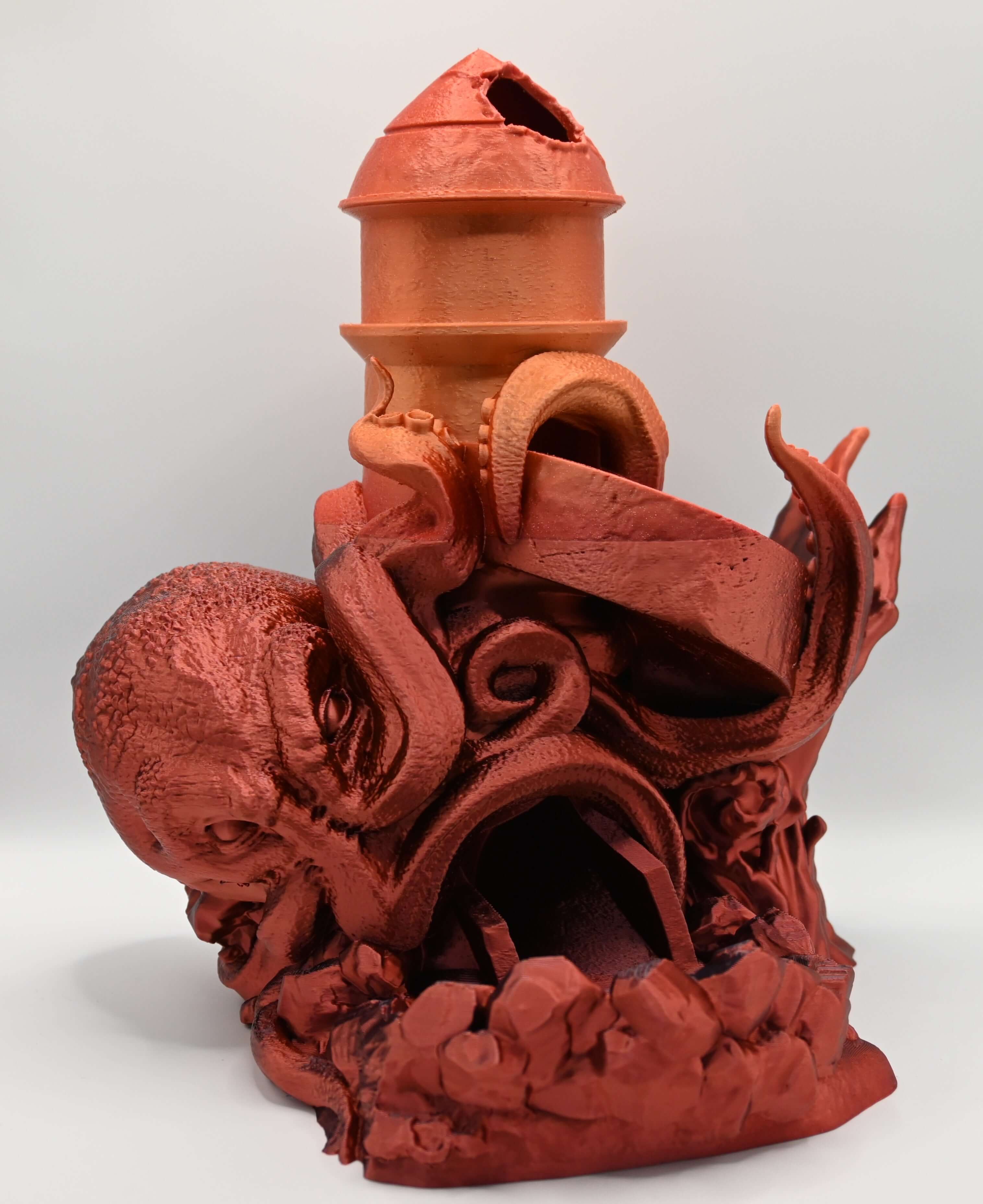 Kraken dice tower with intricate octopus design, showcasing premium craftsmanship and mythical elements for tabletop gaming.